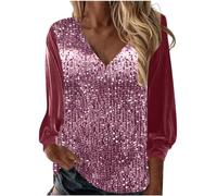 Zeiayuas Evening Tops for Women UK Sparkling V Neck Sequin T Shirts Ladies Sparkle Oversized Long Sleeve Top Shimmer Glitter T-Shirt Loose Fit Tunics Blouse Tunic Top Pink