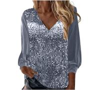 Zeiayuas Evening Tops for Women UK Sparkling V Neck Sequin T Shirts Ladies Sparkle Oversized Long Sleeve Top Shimmer Glitter T-Shirt Loose Fit Tunics Blouse Tunic Top Silver