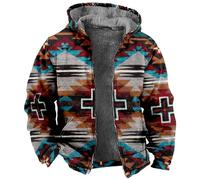 Zeiayuas Fleece Jackets for Men UK Zip Up Hoodie Winter Sherpa Lined Jacket Heavyweight Fleece Warm Trucker Hoodies Vintage Printed Coat Fashion Ethnic Style Outwear Plush Hooded Casual Coats