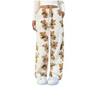 Zeiayuas Fleece Lounge Pants for Women UK Teddy Bear Pyjamas Bottoms Winter Plush Fluffy Pajama Pants Comfy Soft Warm Sleepwear Faux Fur Loose Trousers Girls Cute Print Trousers White
