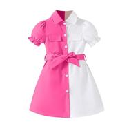 Zeiayuas Girls Color Block Fashionable Cotton Dress Chiffon Belted Suit Puff Sleeve Short Sleeve Lapel Button Dress with Belt Children Evening Dress Festive Wedding Party Dress Midi Dress Hot Pink