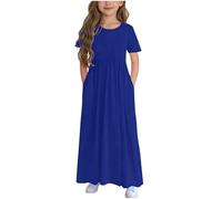 Zeiayuas Girls Short Sleeves Dresses Kids Summer Cotton Party Dress Plain A-Line Maxi Dresses with Pockets Crew Neck Casual Loose Dress Holiday Beach Long Sundress for Girl 4-14 Years