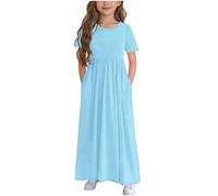 Zeiayuas Girls Short Sleeves Dresses Kids Summer Cotton Party Dress Plain A-Line Maxi Dresses with Pockets Crew Neck Casual Loose Dress Holiday Beach Long Sundress for Girl 4-14 Years