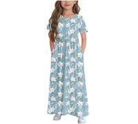 Zeiayuas Girls Short Sleeves Dresses Kids Summer Cotton Party Dress Plain A-Line Maxi Dresses with Pockets Crew Neck Casual Loose Dress Holiday Beach Long Sundress for Girl 4-14 Years