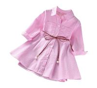 Zeiayuas Girls Striped Fashionable Cotton Dress Belted Suit 3/4 Sleeve Long Sleeve Lapel Button Dress with Belt Pockets Children Evening Dress Festive Party Dress Midi Dress Pink