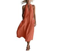 Zeiayuas Halter Neck Maxi Dresses for Women UK Cotton Linen Shift Dress Sleeveless V Neck Backless Dresses Ladies Summer Beach Long Dress Loose Ruffleh Casual Sundress with Pockets