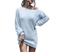 Zeiayuas Jumper Dress for Women Elegant Long Sleeve One Shoulder Midi Dresses Casual Office Work Knitted Jumpers Dress Loose Tunic A-Line Sweater Dresses Blue