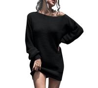Zeiayuas Jumper Dress for Women Elegant Long Sleeve One Shoulder Midi Dresses Casual Office Work Knitted Jumpers Dress Loose Tunic A-Line Sweater Dresses Black