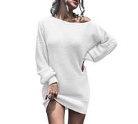 Zeiayuas Jumper Dress for Women Elegant Long Sleeve One Shoulder Midi Dresses Casual Office Work Knitted Jumpers Dress Loose Tunic A-Line Sweater Dresses White