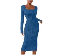 Zeiayuas Jumper Dress for Women UK Winter Knitted Dresses Bodycon Fashtail Square Neck Long Dresses Maxi Sweater Chunky Cable Knit Long Sleeve Dress Ladies Elegant Knitwear Casual Dress Blue