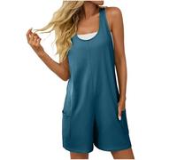 Zeiayuas Jumpsuits Women Summer UK Sleeveless Cotton Suspender Playsuits Jumpsuit Shorts for Women Solid Color Short Dungarees with Pockets Baggy Casual Overalls Ladies Romper Shorts Blue