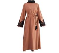 Zeiayuas Kaftan Dresses for Women Muslim One-Piece Abaya Batwing Long Sleeve Henley Shirt Prayer Dress Middle East Arabian Robe with Belted Brown