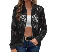 Zeiayuas Lace Jackets for Women Stand Collar Zip Up Mesh Sheer Bomber Jacket Ladies Elegant Sexy Floral Lace Jackets Motocycle Baseball Jacket Moto Bike Coat Cardigans UK Clearance