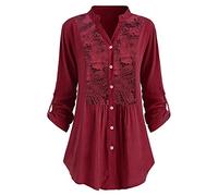 Zeiayuas Lace Shirts for Women UK Plus Size 22,Vintage Lace Blouses & Shirts Lapel V-Neck 3/4 Length Sleeves Summer Top Ladies T-Shirt Tshirts Trendy Long Length Tunic Tops for Leggings Red