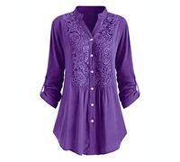 Zeiayuas Lace Shirts for Women UK Plus Size 22,Vintage Lace Blouses & Shirts Lapel V-Neck 3/4 Length Sleeves Summer Top Ladies T-Shirt Tshirts Trendy Long Length Tunic Tops for Leggings Purple