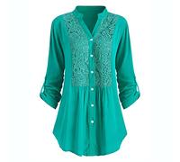 Zeiayuas Lace Shirts for Women UK Plus Size 22,Vintage Lace Blouses & Shirts Lapel V-Neck 3/4 Length Sleeves Summer Top Ladies T-Shirt Tshirts Trendy Long Length Tunic Tops for Leggings Mint Green