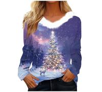 Zeiayuas Ladies Christmas Jumper Fluffy V Neck Sweatshirts Womens Long Sleeve Funny Christmas Tree Graphic Xmas Pullover Santa Snowflake Print Tops Blouse Xmas T Shirt Gifts for Her