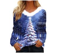 Zeiayuas Ladies Christmas Jumper Fluffy V Neck Sweatshirts Womens Long Sleeve Funny Christmas Tree Graphic Xmas Pullover Santa Snowflake Print Tops Blouse Xmas T Shirt Gifts for Her