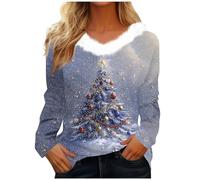 Zeiayuas Ladies Christmas Jumper Fluffy V Neck Sweatshirts Womens Long Sleeve Funny Christmas Tree Graphic Xmas Pullover Santa Snowflake Print Tops Blouse Xmas T Shirt Gifts for Her