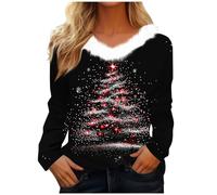 Zeiayuas Ladies Christmas Jumper Fluffy V Neck Sweatshirts Womens Long Sleeve Funny Christmas Tree Graphic Xmas Pullover Santa Snowflake Print Tops Blouse Xmas T Shirt Gifts for Her