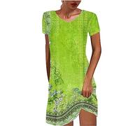 Zeiayuas Ladies Dresses, Women Short Sleeve Midi Dress Vintage Floral Ethnic Print Short Dresses Loose Beach Boho Holiday Sundress Ladies Plus Size Summer Casual Retro Dresses UK Clearance