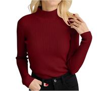 Zeiayuas Ladies Long Sleeve Turtle Neck Plain Jumpers for Women Top Knitted Sweater Thick Top Casual Slim Fit Undershirt Thermals Sweatshirts Solid Color Winter Warm Tunic Tops Wine