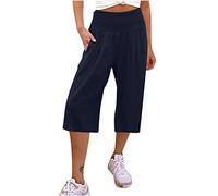 Zeiayuas Linen Cropped Trousers for Womens Summer Cotton Linen Half Pants Loose Fit Stretch High Waisted Lounge Pants Ladies Beach Boho Plain Trousers with Pockets