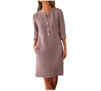 Zeiayuas Linen Dresses for Women UK Italian Boho Dress Half Button Short Sleeve V Neck Midi Dresses with Pocket Ladies Plain Casual Swing Dress Loose Fit Pullover Beach Sundress Brown