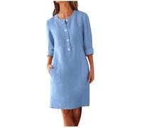 Zeiayuas Linen Dresses for Women UK Italian Boho Dress Half Button Short Sleeve V Neck Midi Dresses with Pocket Ladies Plain Casual Swing Dress Loose Fit Pullover Beach Sundress