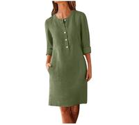 Zeiayuas Linen Dresses for Women UK Italian Boho Dress Half Button Short Sleeve V Neck Midi Dresses with Pocket Ladies Plain Casual Swing Dress Loose Fit Pullover Beach Sundress Army Green