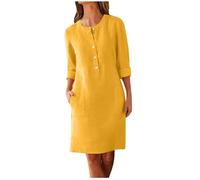 Zeiayuas Linen Dresses for Women UK Italian Boho Dress Half Button Short Sleeve V Neck Midi Dresses with Pocket Ladies Plain Casual Swing Dress Loose Fit Pullover Beach Sundress Yellow