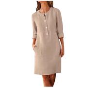 Zeiayuas Linen Dresses for Women UK Italian Boho Dress Half Button Short Sleeve V Neck Midi Dresses with Pocket Ladies Plain Casual Swing Dress Loose Fit Pullover Beach Sundress