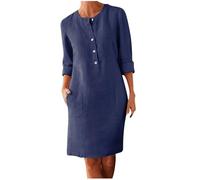 Zeiayuas Linen Dresses for Women UK Italian Boho Dress Half Button Short Sleeve V Neck Midi Dresses with Pocket Ladies Plain Casual Swing Dress Loose Fit Pullover Beach Sundress