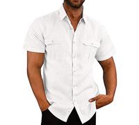 Zeiayuas Linen Shirts for Men Summer Button Down Tops UK Clearance Short Sleeve Loose Fit Casual Collar Blouse Top Cotton Linen T-Shirt Beach Holiday Hawaiian Shirt Plus Size S-3XL