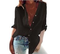 Zeiayuas Linen Shirts for Women UK,Ladies Button Down Blouses Cotton Linen Shirt Long Sleeve Elegant Casual Loose V Neck Tunic Tops Long Length Summer Plain Boho Tee T Shirts Plus Size 22 Black