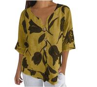 Zeiayuas Linen Shirts for Women UK V Neck Short Sleeve Blouses Cotton Linen Shirt Vintage Floral Tshirts Casual Loose Button Tunic Tops Long Length Summer Plain Boho Tee T Shirts Plus Size 22