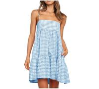 Zeiayuas Linen Sundress Women UK Clearance Spaghetti Strap Plaid Checkered Dresses Square Neck Sleeveless Mini Dress Beach Boho Holiday Casual Dresses Summer A-Line Swing Dress Light Blue