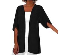 Zeiayuas Long Cardigans for Women UK Linen Kimono Cardigans Open Front Solid Color Blouses Jacket Baggy Half Sleeve Cardigan Outwear Comfort Ladies Casual Loose Plus Size Beach Going Out Tops Black