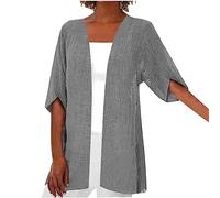 Zeiayuas Long Cardigans for Women UK Linen Kimono Cardigans Open Front Solid Color Blouses Jacket Baggy Half Sleeve Cardigan Outwear Comfort Ladies Casual Loose Plus Size Beach Going Out Tops Gray