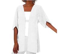 Zeiayuas Long Cardigans for Women UK Linen Kimono Cardigans Open Front Solid Color Blouses Jacket Baggy Half Sleeve Cardigan Outwear Comfort Ladies Casual Loose Plus Size Beach Going Out Tops White