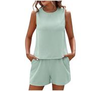 Zeiayuas Lounge Wear Sets for Women UK 2 Piece Lounge Set Sleeveless Tank Top Pyjamas Set Plain Ribbed Knit Matching Outfits T-shirt Shorts Loungewear Sleepwear Clearance Green