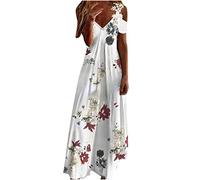 Zeiayuas Maxi Dresses for Women Lace Cold Shoulder Long Dresses Spring Summer Boho Casual Beach Flowy Tshirt Sundress Loose Short Sleeve V Neck Dress Hawaiian Beach Floral Dress Outfits Dresses