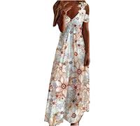 Zeiayuas Maxi Dresses for Women Lace Cold Shoulder Long Dresses Spring Summer Boho Casual Beach Flowy Tshirt Sundress Loose Short Sleeve V Neck Dress Hawaiian Beach Floral Dress Outfits Dresses