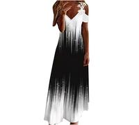 Zeiayuas Maxi Dresses for Women Lace Cold Shoulder Long Dresses Spring Summer Boho Casual Beach Flowy Tshirt Sundress Loose Short Sleeve V Neck Dress Hawaiian Beach Floral Dress Outfits Dresses