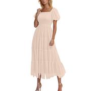 Zeiayuas Maxi Dresses for Women UK Mesh Shift Dress Short Sleeve Square Neck Pleated Dresses Ruffle Tunic Beach Dresses Loose Summer Long Dresses Ruffleh Office Casual Dresses Clearance Beige