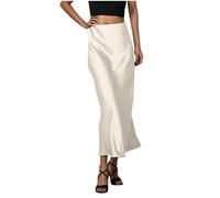 Zeiayuas Maxi Skirts for Women Satin Silk Long Skirt Elastic Waist Solid Color Elegant Bodycon Wrap Skirt Ladies Casual Smart Office Work Party Skirts White