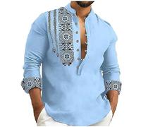 Zeiayuas Men's Cotton Linen Shirt Half Button Up V Neck Henley Shirts Long Sleeve Vintage Floral Print T-Shirt Casual Loose Fit Tops Lightweight Plain Dress Shirts Blouse UK Clearance Size S-3XL Blue