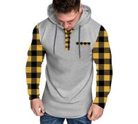 Zeiayuas Mens Hoodie Half Button Plaid Sweatshirt Lightweight Long Sleeve Hooded Jumper Pocket Casual Checkered Hoody Coat Autumn Winter Warm Sportswear Color Block Pullover Tops Yellow
