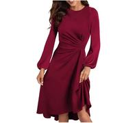 Zeiayuas Midi Dresses for Women UK Long Sleeve Ladies Dresses Spring Fall Dresses Party Flowy Dresses Shift Office Work Smock Dresses Vintage Ruffle Solid Color Dress Elegant Beach Holiday Dress Wine