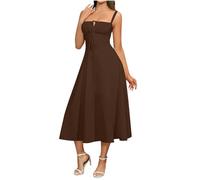 Zeiayuas Milk Maid Dress Women UK Clearance Spaghetti Strap Square Neck Sleeveless Midi Dress Evening Wedding Guest Dresses Summer Elegant Party Mermaid Dresses Ladies Milkmaid Sundress Brown